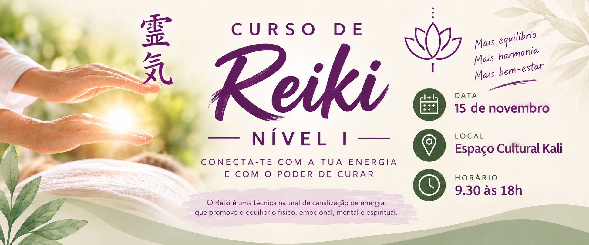 Cartaz do evento Curso de Reiki - Nível I no Espaço Cultural Kálí